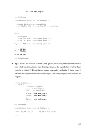 150
...
Tn : out std_logic;
...
);
end NetName;
architecture Behavioral of NetName is
-- Sinais internos das transições
signal T1_Id, T2_ Id, ..., Tn_ Id : std_logic;
...
begin
-- Transições
T1_Id <= '1' when (Condições) else '0';
T2_Id <= '1' when (Condições) else '0';
...
Tn_Id <= '1' when (Condições) else '0';
T1 <= T1_Id;
T2 <= T2_Id;
...
Tn <= Tn_Id;
end Behavioral;
• trp: Adiciona, na entity do ficheiro VHDL gerado, sinais que permitem verificar qual
foi o estado das transições no ciclo de relógio anterior. De seguida é possível verificar
a negrito o código VHDL produzido quando esta opção é utilizada. A forma como é
realizada a tradução das diversas condições para cada transição pode ser consultada na
secção 3.4.
entity NetName is
Port (
-- General Signals
CLK : in std_logic;
RESET : in std_logic;
T1Past : out std_logic;
T2Past : out std_logic;
...
TnPast : out std_logic;
...
);
end NetName;
architecture Behavioral of NetName is
signal T1_Id, T2_Id, ..., Tn_Id : std_logic;
...
 