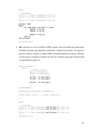 151
begin
-- Transições
T1_Id <= '1' when (Condições) else '0';
T2_Id <= '1' when (Condições) else '0';
...
Tn_Id <= '1' when (Condições) else '0';
process (CLK)
begin
if (CLK'event and CLK='1') then
T1Past <= T1_Id;
T2Past <= T2_Id;
...
TnPast <= T2_Id;
end if;
end process;
end Behavioral;
• sim: Adiciona, na entity do ficheiro VHDL gerado, sinais de entrada que representam
condições exteriores que permitem condicionar o disparo de transições. De seguida é
possível verificar a negrito o código VHDL produzido quando esta opção é utilizada.
A forma como é realizada a tradução das diversas condições para cada transição pode
ser consultada na secção 3.4.
entity NetName is
Port (
-- General Signals
CLK : in std_logic;
RESET : in std_logic;
T1_Sim : in std_logic;
T2_Sim : in std_logic;
...
Tn_Sim : in std_logic;
...
);
end NetName;
architecture Behavioral of NetName is
signal T1_Id, T2_Id, ..., Tn_Id : std_logic;
...
begin
-- Transições
T1_Id <= '1' when (Condições and T1_Sim='1') else '0';
T2_Id <= '1' when (Condições and T2_Sim='1') else '0';
...
Tn_Id <= '1' when (Condições and Tn_Sim='1') else '0';
end Behavioral;
 