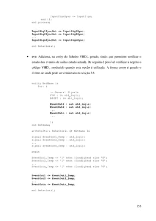 155
InputSignSync <= InputSign;
end if;
end process;
InputSig1SyncOut <= InputSig1Sync;
InputSig2SyncOut <= InputSig2Sync;
...
InputSignSyncOut <= InputSignSync;
end Behavioral;
• evo: Adiciona, na entity do ficheiro VHDL gerado, sinais que permitem verificar o
estado dos eventos de saída (estado actual). De seguida é possível verificar a negrito o
código VHDL produzido quando esta opção é utilizada. A forma como é gerado o
evento de saída pode ser consultada na secção 3.6
entity NetName is
Port (
-- General Signals
CLK : in std_logic;
RESET : in std_logic;
EventOut1 : out std_logic;
EventOut2 : out std_logic;
...
EventOutn : out std_logic;
...
);
end NetName;
architecture Behavioral of NetName is
signal EventOut1_Temp : std_logic;
signal EventOut2_Temp : std_logic;
...
signal EventOutn_Temp : std_logic;
begin
EventOut1_Temp <= '1' when (Condições) else '0';
EventOut2_Temp <= '1' when (Condições) else '0';
...
EventOutn_Temp <= '1' when (Condições) else '0';
EventOut1 <= EventOut1_Temp;
EventOut2 <= EventOut2_Temp;
...
EventOutn <= EventOutn_Temp;
end Behavioral;
 