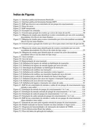 17
Índice de Figuras
Figura 1.1: Interface gráfica da ferramenta PetriLLD..............................................................22
Figura 1.2: Interface gráfica da ferramenta Snoopy-IOPT.......................................................23
Figura 2.1: RdP que descreve um controlador de um parque de estacionamento....................26
Figura 2.2: Pesos de arcos ........................................................................................................27
Figura 2.3: RdP interpretada.....................................................................................................29
Figura 2.4: Exemplos de contendas..........................................................................................34
Figura 3.1: Circuito para geração de eventos up e down de sinais de um bit...........................48
Figura 3.2: Máquina de estados para identificar eventos constituídos por um ciclo ascendente-
descendente (Up-Down) de sinais binários ..............................................................50
Figura 3.3: Máquina de estados para eventos constituidos por ciclos descendente-ascendente
(Down-Up) de sinais binários...................................................................................50
Figura 3.4: Circuito para a geração de eventos up e down para sinais com mais do que um bit
..................................................................................................................................53
Figura 3.5: Máquina de estados para identificação de eventos constituídos por um ciclo
ascendente-descendente (Up-Down) de sinais do tipo range...................................55
Figura 3.6: Máquina de estados para identificação de eventos de ciclos descendente-
ascendente (Down-Up) de sinais do tipo range........................................................56
Figura 3.7: Arcos normais ........................................................................................................59
Figura 3.8: Arco de teste...........................................................................................................59
Figura 3.9: Representação de uma transição ............................................................................60
Figura 3.10: Influência de lugares de entrada na habilitação de transições .............................64
Figura 3.11: Influência de lugares de entrada ligados por arcos de teste.................................64
Figura 3.12: Introdução de proridades na habilitação de transições.........................................65
Figura 3.13: Influência de conflitos nas transições ..................................................................67
Figura 3.14: Influência de conflitos nas transições (vários lugares) ........................................67
Figura 3.15: Influência de conflitos nas transições ligadas por arcos de teste.........................69
Figura 3.16: Estrutura para o cálculo do número de marcas dum lugar...................................71
Figura 3.17: Influência de pesos dos arcos nos lugares e transições (regra geral)...................74
Figura 3.18: Influência de arcos de teste nos lugares...............................................................76
Figura 3.19: Influência de lugares e transições nos sinais de saída..........................................81
Figura 4.1: RdP de um controlador de entradas e saídas de um parque de estacionamento (uma
entrada e uma saída) ...............................................................................................101
Figura 4.2: Simulação da entrada do parque de estacionamento 1 in 1 out ...........................114
Figura 4.3: Simulação da entrada saturada do parque de estacionamento 1 in 1 out.............115
Figura 4.4: Simulação da saída do parque de estacionamento 1 in 1 out...............................116
Figura 4.5: Simulação da saída saturada do parque de estacionamento 1 in 1 out.................117
Figura 4.6: RdP de um controlador de entradas e saídas de um parque de estacionamento
(duas entradas e uma saída)....................................................................................118
Figura 4.7: Entrada de um carro pela segunda entrada do parque de estacionamento...........122
Figura 4.8: Pedido realizado no mesmo instante nas duas entradas (1 lugar vazio) ..............123
Figura 5.1: Diagrama de funcionalidade e de interacções do tradutor de VHDL ..................127
Figura 5.2: Entity-Relationship Model das tabelas.................................................................134
Figura 5.3: Fluxo de dados da aplicação de tradução.............................................................135
 