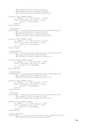 184
+ WT2_351P3_217*conv_integer(T2_351)
+ WT8_5424P3_217*conv_integer(T8_5424)
- WP3_217T3_391*conv_integer(T3_391)),2);
process (CLK, RESET) begin
if (RESET = '1') then P3_217 <= "00";
elsif (CLK'event and CLK='1') then
P3_217 <= P3_217Temp;
end if;
end process;
--FreePlaces
P4_231Temp <= conv_std_logic_vector((conv_integer(P4_231)
+ WT3_391P4_231*conv_integer(T3_391)
- WP4_231T8_5424*conv_integer(T8_5424)
- WP4_231T2_351*conv_integer(T2_351)),2);
process (CLK, RESET) begin
if (RESET = '1') then P4_231 <= "11";
elsif (CLK'event and CLK='1') then
P4_231 <= P4_231Temp;
end if;
end process;
--WaitingToPay
P7_245Temp <= conv_std_logic_vector((conv_integer(P7_245)
+ WT5_463P7_245*conv_integer(T5_463)
- WP7_245T3_391*conv_integer(T3_391)),1);
process (CLK, RESET) begin
if (RESET = '1') then P7_245 <= "0";
elsif (CLK'event and CLK='1') then
P7_245 <= P7_245Temp;
end if;
end process;
--GateOutOpen
P5_259Temp <= conv_std_logic_vector((conv_integer(P5_259)
+ WT3_391P5_259*conv_integer(T3_391)
- WP5_259T4_431*conv_integer(T4_431)),1);
process (CLK, RESET) begin
if (RESET = '1') then P5_259 <= "0";
elsif (CLK'event and CLK='1') then
P5_259 <= P5_259Temp;
end if;
end process;
--ExitFree
P6_273Temp <= conv_std_logic_vector((conv_integer(P6_273)
+ WT4_431P6_273*conv_integer(T4_431)
- WP6_273T5_463*conv_integer(T5_463)),1);
process (CLK, RESET) begin
if (RESET = '1') then P6_273 <= "1";
elsif (CLK'event and CLK='1') then
P6_273 <= P6_273Temp;
end if;
end process;
--Waiting2Ticket
P10_4723Temp <= conv_std_logic_vector((conv_integer(P10_4723)
+ WT7_4765P10_4723*conv_integer(T7_4765)
 