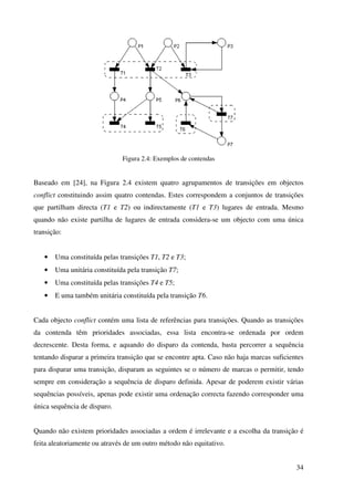 34
Figura 2.4: Exemplos de contendas
Baseado em [24], na Figura 2.4 existem quatro agrupamentos de transições em objectos
conflict constituindo assim quatro contendas. Estes correspondem a conjuntos de transições
que partilham directa (T1 e T2) ou indirectamente (T1 e T3) lugares de entrada. Mesmo
quando não existe partilha de lugares de entrada considera-se um objecto com uma única
transição:
• Uma constituída pelas transições T1, T2 e T3;
• Uma unitária constituída pela transição T7;
• Uma constituída pelas transições T4 e T5;
• E uma também unitária constituída pela transição T6.
Cada objecto conflict contém uma lista de referências para transições. Quando as transições
da contenda têm prioridades associadas, essa lista encontra-se ordenada por ordem
decrescente. Desta forma, e aquando do disparo da contenda, basta percorrer a sequência
tentando disparar a primeira transição que se encontre apta. Caso não haja marcas suficientes
para disparar uma transição, disparam as seguintes se o número de marcas o permitir, tendo
sempre em consideração a sequência de disparo definida. Apesar de poderem existir várias
sequências possíveis, apenas pode existir uma ordenação correcta fazendo corresponder uma
única sequência de disparo.
Quando não existem prioridades associadas a ordem é irrelevante e a escolha da transição é
feita aleatoriamente ou através de um outro método não equitativo.
 