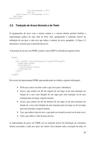 58
else EvInDownUp <='0';
end if;
when others => EvInDownUp <='0';
end case;
end process;
3.3. Tradução de Arcos Normais e de Teste
O agrupamento de arcos com a mesma origem e o mesmo destino permite facilitar a
representação gráfica de uma rede de Petri. Este agrupamento é realizado através da
atribuição de um peso a cada arco que indica o número de arcos agrupados. A Figura 2.2
demonstra o conceito que se pretende descrever.
A descrição de um arco em PNML usando a classe IOPT é realizada da seguinte forma:
<pnml>
...
<arc id="ID" source="IDsource" target="IDtarget">
<type>Type</type>
<inscription>
<value>Value</value>
</inscription>
</arc>
...
</pnml>
Do excerto da representação PNML apresentado pode ser obtida a seguinte informação:
• ID do arco, único em toda a rede e que serve para o identificar;
• Source, que contém um ID (de origem) de um lugar ou de uma transição em
função de o arco estar dirigido de um lugar para uma transição ou de uma
transição para um lugar, respectivamente;
• Target, que contém um ID (de destino) de um lugar ou de uma transição em
função de o arco estar dirigido de uma transição para um lugar ou de um lugar
para uma transição, respectivamente;
• Type, que indica o tipo de arco, e que pode ser normal (normal) ou de teste (test);
• Value, que indica o valor do peso do arco.
A representação de pesos em VHDL irá ser realizada através da declaração de constantes
inteiras associadas a cada arco (pois são valores fixos durante toda a execução da rede). O
 