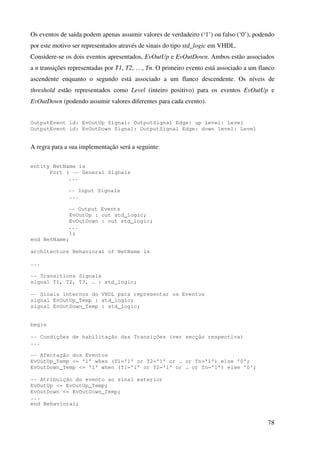 78
Os eventos de saída podem apenas assumir valores de verdadeiro (‘1’) ou falso (‘0’), podendo
por este motivo ser representados através de sinais do tipo std_logic em VHDL.
Considere-se os dois eventos apresentados, EvOutUp e EvOutDown. Ambos estão associados
a n transições representadas por T1, T2, …, Tn. O primeiro evento está associado a um flanco
ascendente enquanto o segundo está associado a um flanco descendente. Os níveis de
threshold estão representados como Level (inteiro positivo) para os eventos EvOutUp e
EvOutDown (podendo assumir valores diferentes para cada evento).
OutputEvent id: EvOutUp Signal: OutputSignal Edge: up level: Level
OutputEvent id: EvOutDown Signal: OutputSignal Edge: down level: Level
A regra para a sua implementação será a seguinte:
entity NetName is
Port ( -- General Signals
...
-- Input Signals
...
-- Output Events
EvOutUp : out std_logic;
EvOutDown : out std_logic;
...
);
end NetName;
architecture Behavioral of NetName is
...
-- Transitions Signals
signal T1, T2, T3, … : std_logic;
-- Sinais internos do VHDL para representar os Eventos
signal EvOutUp_Temp : std_logic;
signal EvOutDown_Temp : std_logic;
begin
-- Condições de habilitação das Transições (ver secção respectiva)
...
-- Afectação dos Eventos
EvOutUp_Temp <= '1' when (T1='1' or T2='1' or … or Tn='1') else '0';
EvOutDown_Temp <= '1' when (T1='1' or T2='1' or … or Tn='1') else '0';
-- Atribuição do evento ao sinal exterior
EvOutUp <= EvOutUp_Temp;
EvOutDown <= EvOutDown_Temp;
...
end Behavioral;
 