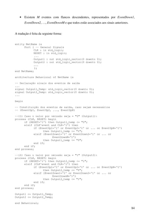 84
• Existem M eventos com flancos descendentes, representados por EventDown1,
EventDown2, …, EventDownM e que todos estão associados aos sinais anteriores.
A tradução é feita da seguinte forma:
entity NetName is
Port ( -- General Signals
CLK : in std_logic;
RESET : in std_logic;
...
Output1 : out std_logic_vector(0 downto 0);
Output2 : out std_logic_vector(0 downto 0);
...
);
end NetName;
architecture Behavioral of NetName is
-- Declaração sinais dos eventos de saída
...
signal Output1_Temp: std_logic_vector(0 downto 0);
signal Output2_Temp: std_logic_vector(0 downto 0);
...
begin
-- Constituição dos eventos de saída, caso sejam necessários
-- (EventUp1, EventUp2, ..., EventUpN)
--(1) Caso o valor por omissão seja = "0" (Output1):
process (CLK, RESET) begin
if (RESET='1') then Output1_temp <= "0";
elsif (CLK'event and CLK='1') then
if (EventUp1='1' or EventUp2='1' or ... or EventUpN='1')
then Output1_temp <= "1";
elsif (EventDown1='1' or EventDown2='1' or ... or
EventDownM='1')
then Output1_temp <= "0";
end if;
end if;
end process;
--(2) Caso o valor por omissão seja = "1" (Output2):
process (CLK, RESET) begin
if (RESET='1') then Output2_temp <= "1";
elsif (CLK'event and CLK='1') then
if (EventUp1='1' or EventUp2='1' or ... or EventUpN='1')
then Output2_temp <= "0";
elsif (EventDown1='1' or EventDown2='1' or ... or
EventDownM='1')
then Output2_temp <= "1";
end if;
end if;
end process;
Output1 <= Output1_Temp;
Output2 <= Output2_Temp;
end Behavioral;
 