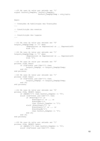 93
--(2) No caso do valor por omissão ser '1'
signal OutPut2_TempZev, OutPut1_TempZpl,
OutPut1_TempZplTemp : std_logic;
begin
-- Condições de habilitação das Transições
...
-- Constituição dos eventos
...
-- Constituição dos lugares
...
--(1) No caso do valor por omissão ser '0'
Output1_TempZplTemp <= '1' when
(Expression1 or Expression2 or ... ExpressionY)
else '0';
--(2) No caso do valor por omissão ser '1'
Output2_TempZplTemp <= '1' when
(Expression1 or Expression2 or ... ExpressionY)
else '0';
--(1) No caso do valor por omissão ser '0'
process (CLK) begin
if (CLK'event and CLK='1') then
Output1_TempZpl <= Output1_TempZplTemp;
end if;
end process;
--(2) No caso do valor por omissão ser '1'
process (CLK) begin
if (CLK'event and CLK='1') then
Output2_TempZpl <= Output2_TempZplTemp;
end if;
end process;
--(1) No caso do valor por omissão ser '0'
process (CLK, RESET) begin
if (RESET='1') then OutPut1_TempZev <= '0';
elsif (CLK'event and CLK='1') then
if (EventUp1='1' or
EventUp2='1' or ... or
EventUpN='1')
then OutPut1_TempZev <= '1';
elsif (EventDown1='1' or
EventDown2='1' or ... or
EventDownM='1')
then OutPut1_TempZev <= '0';
end if;
end if;
end process;
--(2) No caso do valor por omissão ser '1'
process (CLK, RESET) begin
if (RESET='1') then OutPut2_TempZev <= '0';
elsif (CLK'event and CLK='1') then
 