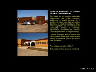 ESCOLAS MUNICIPAIS DE ENSINO
INFANTIL E FUNDAMENTAL
Com base em um mesmo anteprojeto
desenvolvido por nosso escritório,
elaboramos o projeto completo de 9
escolas municipais para algumas cidades
do interior do estado. Em cada uma delas
foram respeitadas as circunstâncias de
localização,    terreno,   e   propostas
educacionais, resultando em edifícios
únicos e aprimorados ao longo do tempo.
Constam do projeto: edifício escolar, sala
de informática e biblioteca externos para
uso da comunidade, quadra coberta e
casa de caseiro.


Área total aproximada=2.000 m²
Sistema construtivo: Alvenaria estrutural.
 