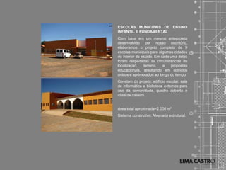 ESCOLAS MUNICIPAIS DE ENSINO
INFANTIL E FUNDAMENTAL
Com base em um mesmo anteprojeto
desenvolvido por nosso escritório,
elaboramos o projeto completo de 9
escolas municipais para algumas cidades
do interior do estado. Em cada uma delas
foram respeitadas as circunstâncias de
localização,    terreno,   e   propostas
educacionais, resultando em edifícios
únicos e aprimorados ao longo do tempo.
Constam do projeto: edifício escolar, sala
de informática e biblioteca externos para
uso da comunidade, quadra coberta e
casa de caseiro.


Área total aproximada=2.000 m²
Sistema construtivo: Alvenaria estrutural.
 