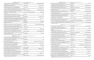 SESSION A 10:30 -- 11:20           (Select three sessions from numbers 1 - 15)                                                                                            SESSION C 12:40 - 1:30            (Select a total of three sessions from numbers 16 - 35)
	 1.	 Common Core and RTI – Differentiated Activities (K-2) 	                            Toni Anne Summers	                                  Massapequa Public Schools        	 26.	 Tapping into Literacy Skills for Problem Solving (K-2)	                          Heidi Bromley	                                                               NYSAMS
	      A strong foundation is more essential now than ever. Explore how basic ideas build through the primary grades. Share recent research on effective strategies with      	      Use your literacy skills and techniques to unlock math word problems. See how the strategies in the Common Core Learning Standards are developed and
       struggling learners. Learn activities to use with a wide variety of learners.                                                                                                 enhanced, and how they all help your students and you become better problem solvers!
	 2.	 Foundation Builders in Mathematics (1-3)	                                          Joseph A. Porzio	                                          Fordham University        	 27.	 Math Digital Learning: The Ultimate Equalizer (3-5)	                             Janet Pittock	                                                   Think Through Math
	      We will develop, strengthen and extend number sense, operations and algebraic thinking using classroom-tested instructional strategies. You will receive two           	      You will understand the uniquely positive response that students have when given a digital solution that provides both fully adaptive instruction and access to
       helpful booklets related to number sense and to multiplication.                                                                                                               immediate corrective feedback, including online access to live certified U.S. math teachers.
	 3.	 Progressions of the Common Core Learning Standards (3-5)	                          Joyce Bernstein	                                          East Williston Schools     	 28.	 Get Real (Life Math Problems) with Common Core (5-8)	                            Vicky Powers and Wendie Gelardi 	                              Eastern Suffolk BOCES
	      See how the mathematical progressions that underlie the CCLS fit into the “big picture” and how grades 3-5 contribute to the overall coherence. In addition, we        	      Come “play” with us! You can use these fun activities (including a great one for Ratio and Proportion) tomorrow with your students. Also, we’ll give you Web
       will discuss hints to help you move through your part of the CCLS with confidence.	                                                                                           sites to find real life math problems. You can come to both or just one session (see session #39).
	 4.	 Place Value: Activities to Scaffold Conceptual Understanding (3-5)	                Wendy Handshaw Power 	                                 Eagle Elementary School       	 29.	 Mathematical Tourist (5-8)	                                                      Joseph Quartararo	                                               The Greenvale School
	      These activities provide hands-on remediation and offer you insights into your students’ conceptual understanding. These excellent review materials can be used        	      Problems and activities will be chosen from the different areas of mathematics, appropriate for grade 5 – 8 students.
       throughout the year to informally assess improvement and guide instruction.                                                                                            	 30.	 Over 50 Ways to Make Your Students Smile During Class (5-8)	                     Ron White 	                                                   Sachem Schools (retired)
	 5.	 Conquer the Core with iPad APPS (6-college)	                                       Alice Artzt, Mara Markinson, Zujenis Pico	                      Queens College       	      Smiling students are more willing to learn. I will give you over 50 simple ways for you to jazz up your classroom with quick and fun ways that make their eyes
	      This presentation will demonstrate fascinating APPS on the iPad that use games and interactive visual representations to captivate and engage students in learning            twinkle and enhance your lessons.
       mathematics.                                                                                                                                                           	 31.	 Leveraging Student Smartphones to Improve Communication (9-12)	                  Richard Greenberg	                                                   Carle Place UFSD
	 6.	 An Effective AIS Model for Struggling Math Learners (5-8)	                         Peter Cleary 	                                                              EPS	     	      With tight school budgets and ever-changing technology, we should employ the students’ own Smartphones to accomplish valuable tasks, including instant
       The Academic Intervention Service (AIS) model can raise proficiency for struggling students. See how AIS guiding principles and tools help identify struggling                feedback systems, on-the-spot research, timely communication and more.
       learners, monitor progress and take the guess work out of AIS decision making.                                                                                         	 32.	 Graphing Max and Min Problems with Geogebra (11-college)	                        Dae S. Hong 	                                              Hostos Community College
	 7.	 Develop Deep Understandings of Geom., Prob. & Trig. (5-11)	                        Sharon Whitton 	                                             Hofstra University      	      The dynamical software, Geogebra, demonstrates clearly multiple ways to represent calculus problems graphically, including the derivative of a function, tangent
	      Engage your students in activities that mirror the CCSS and make math meaningful and fun! These activities employ geoboards, 3-D objects, clinometers, and                    lines and maximum and minimum problems.
       measuring wheels for teaching area, perimeter, probability, volume and trigonometry.                                                                                   	 33.	 Once Upon a Time … in … Math (9-college)	                                        Albert F. Cavallaro 	                                      Nassau Community College
	 8.	 Implementing Common Core Standards through Problem Solving (6-12)	 Theresa Gurl	                                                                   Queens College       	      This session will be spent telling stories. One of the best ways to pique student interest is to relate a great story. The history of math is loaded with them: intrigue,
	      Problems that will help middle and high school students meet the Common Core State Standards will be shared with participants, with suggestions for                           genius and mental powers that defy reason. You may wish to share yours.
       differentiation and specific connections to standards for mathematical content and practice.                                                                           	 34.	 What They Don’t Tell You in Teacher Training! (Preservice)	                      Jessica Keane, Sarah Lobotsky, Max Zamor	                           NYC High Schools
	 9.	 Using the Smart Board in High School Mathematics (9-12)	                           Christina Cole	                                                  Carle Place HS      	      Three first year teachers analyzed their personal highs and lows to share insider knowledge about how to survive your first year of teaching Mathematics focusing
	      Participants will learn how to use tools, video clips, interactive websites, and various math software in conjunction with the Smart Board and Smart Notebook.                on curriculum, pacing, planning, classroom management, personal organization, and how to fit into your new school and workplace.
	 10.	 Number Sense of Humor (9-12)	                                                     Dan Goldbeck	                                                         Syosset HS     	 35.	 Let Online Tech. Differentiate Instruction Quickly and Easily (General)	 Gerry Cohen	                                                            Castle Learning Online
	      Even high school students can have fun with numbers. Try these with all levels of high school students to increase their number sense and number sense of              	      Embed the Castle Learning assessment model into your lessons to improve instruction and student learning. See how to deliver content in ways that differentiate
       humor.                                                                                                                                                                        experiences for students.
	 11.	 An Excursion into Recursion with Side Trips to Applications (9-12)	               Laurie Bass	                                   Ethical Culture Fieldston School
	      Starting with a review of recursion, we will take a tour of how to employ the TI-84 SEQ mode to model and solve problems that involve recursion in many diverse                                                     SESSION D 1:45 - 2:35            (Select three sessions from numbers 36 - 50)
       areas including medicine, finance and puzzles such as the Tower of Hanoi.                                                                                              	36.	 Effective Common Core Math Tools (K-4)	                                           Cheryl Henjum	                                              Creative Mathematics
	 12.	 I Didn’t Know You Could Do That on a SMART Board! (9-12)	                         Matthew Ringh	                                                               Teq     	      In this exciting hands-on workshop you will learn amazing commercial “math tools” that improve teaching. Literature links, songs and dances will be used to
	      Take a look at some of the best new math software and some of the hidden tricks which can enhance your lessons. Our focus will be on a student-centered                       motivate students in every area of the math curriculum.
       classroom and we’ll explore the best new programs and features available.                                                                                              	 37.	 Utilizing Bar Modeling with Division and Fractions (3-5)	                        Heidi Bromley	                                                           NYSAMS
	 13.	 Teaching the Common Core through STEM (9-college)	                                Robert Rogers 	                                                 SUNY Fredonia        	      Learn to use the bar-modeling techniques and strategies made “famous” by Singapore to explore the division and fraction problems appropriate to grades three
	      Teaching STEM topics does not need to get in the way of teaching the Common Core. This talk will provide examples of STEM topics that can teach major ideas                   through five!
       in the Common Core, motivate students and provide interest for teachers.                                                                                               	 38.	 Differentiated Games and Activities (5-8)	                                       Amy Fetters	                                                       Roslyn Schools
	 14.	 Creating an Interactive Classroom for $100 or Less (Preservice)	                  Kristina A. Holzweiss 	                                Bay Shore Middle School       	      Middle school math students must have proficient math skills. Learn about some differentiated games and activities that enhance math skills while meeting the
	      Everyone is flipping out over Khan Academy, and now it’s time for YOU to create your own interactive math classroom. No Smart board? No problem! Learn 10                     “common challenge.”  Participants will leave with hands-on games and activities.
       different tools to help you connect with your students without breaking the bank.                                                                                      	 39.	 Get Real (Life Math Problems) with Common Core (5-8)	                            Vicky Powers and Wendie Gelardi 	                        Eastern Suffolk BOCES
	 15.	 The Human Calculator (General)	Scott Flansburg	                                                                                                       3P Learning      	      Come “play” with us! You can use these fun activities (including a great one for Ratio and Proportion) tomorrow with your students. Also, we’ll give you Web
	      Scott Flansburg, The Human Calculator™ holds a Guinness World Record for being the fastest human calculator for mental computation. Learn the secret to                       sites to find real life math problems. You can come to both or just one session (see session 28).
       numbers and be amazed at his ability. Walk away excited about math!                                                                                                    	 40.	 Logic, Sets, Computers, and Circuit Analysis (9-12)	                             Ronald D. Cavallaro	                                 Nassau Community College
                                                                                                                                                                              	      Come and enjoy how the use of algebra can be used to solve the most intricate problems in circuit analysis. Electrical networks will be examined through the use
                                     SESSION B 11:35 - 12:25            (Select a total of three sessions from numbers 16 - 35)                                                      of logic and the amazing properties of Boolean algebra.
	 16.	 An Effective RTI Model for Struggling Math Learners (K-4)	                       Peter Cleary 	                                                                 EPS    	 41.	 Advanced Algebra & Financial Apps: A 3rd or 4th Year Course (10-12)	 Robert Gerver	                                                                North Shore HS
	      The Response to Intervention (RTI) model promises greatly to aid struggling students. See how core RTI guiding principles and tools help identify struggling           	      This curriculum covers selected topics from algebra 2, geometry, precalculus, statistics, probability and calculus requiring only Algebra 1. Topics include banking,
       learners, monitor progress, and take the guesswork out of RTI decision making.                                                                                                credit, income taxes, investing, auto insurance, mortgages, etc.
	 17.	 10 Cool New Tools for Your Smart Board (K-8)	                                    Matthew Ringh	                                                                 Teq    	 42.	 Prepping For Calculus (9-12)	                                                    Jayson Kiang 	                                            Longwood High School
	      This session will follow a countdown format, and will provide you with 10 unique and fun tools you can use in your classroom. All resources, and examples, will        	      An overview of what topics should be covered in honors Precalculus to give students the best chance at succeeding in Calculus will be discussed.	
       be useful in supporting the achievement of the CCSS.                                                                                                                   	 43.	 SAGE advice: New Tech for Math Class! (9-college)	                               A. Jorge Garcia	                                             Baldwin High School
	 18.	 Fluency = Speed + Accuracy (3-5)	                                                Barbara Allaire	                            Davison Ave. Intermediate, Malverne       	      Remember the sweeping revolution of the 1990s when we wanted Graphing Calculators in every math class?  Are graphing calculators so ubiquitous now that we
	      The common core learning standards in mathematics stresses fluency.  Learn ways to develop fluency in motivating classroom experiences.                                       resist anything new?  I say it’s time for PC classrooms with a CAS like SAGE!
	 19.	 Making Sense of Division of Fractions (5-6, General)	                            Elliott Bird	                                                   C W Post (retired)    	 44.	 Over 50 Ways to Make Your Students Smile During Class (9-12)	                    Ron White 	                                             Sachem Schools (retired)
	      Success in fractions leads to success in algebra. Linking first to division of whole numbers, we consider various divisions: fraction by whole, whole by fraction,     	      Smiling students are more willing to learn. I will give you over 50 simple ways for you to jazz up your classroom with quick and fun ways that make their eyes
       and fraction by fraction, always in a sense-making way.                                                                                                                       twinkle and enhance your lessons.	
	 20.	 Teaching the Common Core through STEM (5-8)	                                     Robert Rogers	                                                    SUNY Fredonia       	 45.	 Get Smart! Take the SAT! (9-college)	                                            Robin Schwartz 	                    Math Confidence / College of Mt. St. Vincent
  	    Teaching STEM topics does not need to get in the way of teaching the Common Core. This talk will provide examples of STEM topics that can teach major ideas            	      When I retook the SAT after 29 years, I learned grammar and relived the student experience. The SAT/ACT can be a standard for what students should know pre-
       in the Common Core, motivate students and provide interest for teachers.                                                                                                      Common Core implementation.
	 21.	 Finite, Infinite, Transfinite: The Stuff of Mathematics (9-12)	                  James E. Carpenter	                                                  Iona College     	 46.	 A Spoonful of Medicine Makes the Mathematics Go Down (9-college)	                Sheldon P. Gordon 	                                   Farmingdale State College
	      From the moment that we understand counting we are confronted with the infinite. This talk reviews Georg Cantor’s amazing ideas about infinity.                        	      Mathematical modeling of drug levels in the blood from Algebra 1 up to Calculus. We examine biological half-life, exponential decay, repeated doses of a drug,
	 22.	 Making Indelible Images with Geometer’s Sketchpad (9-12)	                        Gene Eyshinskiy	                                            Flushing High School             asymptotes (drug maintenance levels), and constructing general solutions.
	      Applications of the Geometer’s Sketchpad across the curriculum in the mathematics classroom or computer lab from fractions to calculus. No experience with             	 47.	 Texas Instruments Technology in Your Classroom (9-college)	                      Dana Morse	                                                    Texas Instruments
       Geometer’s Sketchpad required to participate.                                                                                                                          	      Unlock the power behind TI’s educational technology. See what’s new for the TI-84 Plus and the TI-Nspire technology. Learn about lessons and activities that
	 23.	 Sampling + Simulation = Statistical Understanding (9-college)	                   Florence S. Gordon	                                                          NYIT            integrate TI Technology with the Common Core Standards.
	      Dynamic simulations in statistics can promote understanding of probabilistic processes (coin flipping and dice rolling), various sampling distributions, the Central   	 48.	 TestWizard: Online Assessment & Class Management (General)	                      Ingrid Hamilton	                                                     Eduware Inc.
       Limit Theorem, confidence intervals, hypothesis testing and regression.                                                                                                	      Our Test-Wizard is a customizable online program that assigns and grades homework and exams. Scores are automatically recorded; assessment and progress
	 24.	 Strategies for Effective Formative Assessment (Preservice)	                      Suzanne Libfeld	                                                  Lehman College             reports are a click away. Come and get a free subscription for the rest of the school year.
	      Teaching is more effective when formative assessment is embedded in classroom practice. It provides information to adjust teaching and guides in making                	 49.	 What I Need To Know: Teaching English Language Learners (General)	 Ellie Paiewonsky	                                                               ESL Consultant
       decisions about instruction. Explore strategies to collect evidence of student learning.                                                                               	      See how learning styles, mediated by language, experience and culture, impact the learning of math processes for ELLs. Explore ways to incorporate the
	 25.	 Join the Common Core Conversation (General)	                                     Kristina A. Holzweiss 	                                  Bay Shore Middle School             language of math and second language development to improve instruction for ELLs.
	      The Common Core Conversation offers lesson plans, activities, ideas, assessments, and Web tools to support the new Learning Standards — all online. Join over          	 50.	 Mathletics: Common Core and Student Differentiation (General)	                   Andre Corona	                                                         3P Learning
       2000 educators nationally in the conversation.                                                                                                                         	      www.Mathletics.com, the world’s most used math website, provides intelligent adaptive Common Core Standards practice for students – including a fun and
                                                                                                                                                                                     engaging live multi-player math fluency challenge against students worldwide.
 