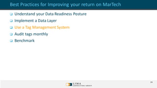 © 2013 Adobe Systems Incorporated. All Rights Reserved. Adobe Confidential.
Best Practices for Improving your return on MarTech
 Understand your Data Readiness Posture
 Implement a Data Layer
 Use a Tag Management System
 Audit tags monthly
 Benchmark
24
 