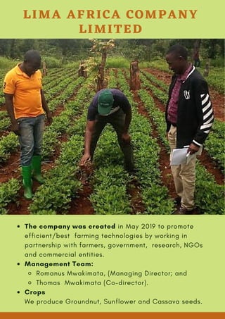 The company was created in May 2019 to promote
efficient/best farming technologies by working in
partnership with farmers, government, research, NGOs
and commercial entities.
Management Team:
Romanus Mwakimata, (Managing Director; and
Thomas Mwakimata (Co-director).
Crops
We produce Groundnut, Sunflower and Cassava seeds.
LIMA AFRICA COMPANY
LIMITED
 