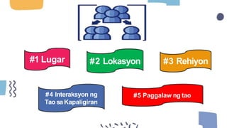 #1 Lugar #2 Lokasyon #3 Rehiyon
#4 Interaksyon ng
Tao sa Kapaligiran
#5 Paggalaw ng tao
 