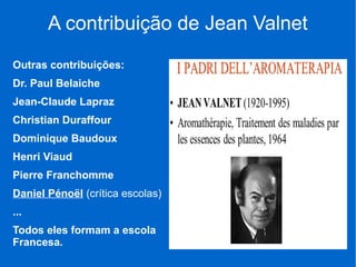 A contribuição de Jean Valnet
Outras contribuições:
Dr. Paul Belaiche
Jean-Claude Lapraz
Christian Duraffour
Dominique Baudoux
Henri Viaud
Pierre Franchomme
Daniel Pénoël (crítica escolas)
...
Todos eles formam a escola
Francesa.
 