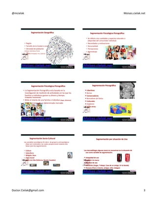 @mcielak) Moises.cielak.net) 
Segmentación+Geográfica ++ 
• Región) 
• Tamaño)de)la)Ciudad)o)zona) 
• Densidad)de)población)) 
(Urbana,)Suburbana,)Rural)) 
• Clima)(Templado,)Frío,)Caliente)) 
Segmentación+PsicológicaDPsicográfica+ 
• Se)refiere)a)las)cualidades)y)aspectos)naturales)o) 
adquiridas)del)consumidor)individual.) 
• Necesidades)y)moCvaciones) 
• Personalidad) 
• Percepciones) 
• Aprendizaje) 
Segmentación+PsicológicaDPsicográfica+ 
• La)Segmentación)Psicográfica)esta)basado)en)la) 
invesCgación)de)medición)de)acCvidades)en)las)que)las) 
familias)o)individuos)gastan)su)dinero)y)Cempo.) 
(Trabajando,+Vacacionando)+ 
• Mide)el)interés)de)una)familia)o)individuo)(Hogar,+Alimentos)+ 
• Mide)Opiniones)de)un)determinado)mercado) 
Segmentación+Psicográfica+ 
! Liber6nos+ 
! Rectos' 
! Conservadores+ 
! Buscadores'de'Status' 
! Culturales+ 
! Snobismo' 
! Entre+otros.+ 
Persona que imita 
Segmentación+SocioDCultural+ 
Las)variables)sociológicas)(Es)decir,)de)grupo))y)antropológicas) 
(Que)son)Culturales)))las)cuales)proporcionan)todavía)más) 
bases)para)las)segmentación.) 
• Cultura+ 
• Subcultura+ 
• Religión,+Raza+ 
• Clase+Social+ 
• Es6lo+de+Vida+(Solteros,+Recién+Casados)+ 
Segmentación+por+situación+de+Uso+ 
Los+mercadólogos+algunas+veces+se+concentran+en+la+situación+de+ 
uso+como+variable+de+segmentación.+ 
+ 
! Intensidad+de+uso+ 
! Lealtad+a+la+marca+ 
! Obje6vo+de+uso+ 
! Ubicación+(Hogar,+Trabajo,+Casa+de+un+amigo,+En+la+6enda)+ 
! Persona+(Para+sí+mismo,+amigos,+Jefe,+Colegas)+ 
Doctor.Cielak@gmail.com) 3) 
 