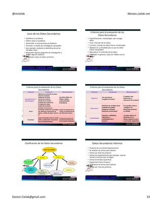 @mcielak) Moises.cielak.net) 
Usos)de)los)Datos)Secundarios) 
• IdenCficar)el)problema) 
• Definir)mejor)el)problema) 
• Desarrollar)un)acercamiento)al)problema) 
• Formular)un)diseño)de)invesCgación)apropiado) 
• (por)ejemplo,)mediante)la)idenCficación)de)las) 
variables)clave)) 
• Responder)algunas)preguntas)de)invesCgación)y) 
probar)algunas)hipótesis) 
• Interpretar)mejor)los)datos)primarios) 
193) 
Criterios)para)la)evaluación)de)los) 
Datos)Secundarios) 
• Especificaciones:)metodología))para)recoger) 
datos) 
• Error:)Precisión)de)los)Datos) 
• Currency:)Cuando)los)datos)fueron)recolectados) 
• ObjeCvo)(s):)La)finalidad)para)la)que)los)datos) 
fueron)recopilados) 
• Naturaleza:)El)contenido)de)los)datos) 
• Fiabilidad:)En)general,)¿Qué)tan))fiables)son)los) 
datos?) 
194) 
Criterios)para)la)evaluación)de)los)Datos) 
Secundarios) 
Observaciones 
Los+datos+deben+ser+ 
fiables,+válidos,+ 
y+generalizables+ 
al+problema+ 
Evaluar+la+precisión+de+lo 
s+datos+al+compararlos+de 
sde+diferentes+fuentes+ 
195) 
Criterios 
Cues6ones 
Especificaciones+/++ 
Metodología 
Método+de+recolección+de+datos+ 
índice+de+respuesta+ 
Calidad+de+los+datos+ 
técnica+de+muestreo+ 
tamaño+de+la+muestra+ 
El+diseño+del+cues6onario+ 
El+trabajo+de+campo+ 
análisis+de+los+datos 
Error 
Examinar+los+errores+en:++ 
El+enfoque,+Diseño+de+la+inves6gac 
ión,+Muestreo,+Recolección+de++ 
datos,y++análisis+de+datos,+informe 
s 
Currency 
Lapso+de+6empo+entre+la+recole 
cción+y+publicación,+Frecuencia+ 
de+las+actualizaciones 
Los+datos+de+los+censos+son++ 
actualizado+periódicamente++ 
por+las+empresas+sindicadas. 
Criterios)para)la)evaluación)de)los)Datos) 
Secundarios) 
Criterios 
Cues6ones 
Observaciones 
El+obje6vo+será+ 
determinar+la+ 
relevancia+de+los+datos 
Si+es+posible+vuelva+a+ 
+configurar+los++ 
datos+para+aumentar++ 
su+u6lidad+ 
Los+datos+deben+ser++ 
196) 
obtenidos+de+un++ 
fuente+original+en+ves+d 
e+una+fuente+adquirida+ 
Obje6vo 
¿Por+qué+fueron++ 
recogidos+los+Datos? 
Naturaleza 
Definición+de+variables+clave++ 
Unidades+de+medida++ 
Categorías+u6lizadas+ 
Relaciones+examinadas 
Confiabilidad 
Exper6se,+credibilidad,++ 
reputación,+y++ 
confiabilidad+de+la++ 
Fuente. 
Clasificación)de)los)Datos)Secundarios) 
197) 
Datos Secundarios 
Internos 
Base de datos 
de clientes 
Externos 
) 
Negocios/) 
Redes)Sociales) 
No))Gubernamentales) 
Servicios)) 
Sindicalizados) 
Gobierno 
Almacén de 
Datos 
Y Significado 
de Datos 
) 
CRM)y) 
Base)de)Datos)de)) 
)MarkeCng) 
) 
Datos)Secundarios)Internos) 
• Proyecto)de)una)Cenda)departamental)) 
• Se)analizan)las)ventas)para)obtener:) 
• Ventas)por)línea)de)producto) 
• Ventas)por)departamento)(por)ejemplo,)ropa)de) 
hombre,)arpculos)para)el)hogar)) 
• Ventas)de)Cendas)específicas) 
• Department)Store)Proyecto) 
• Se)analizan)las)ventas)para)obtener:) 
• Ventas)por)línea)de)producto) 
198) 
Doctor.Cielak@gmail.com) 33) 
 