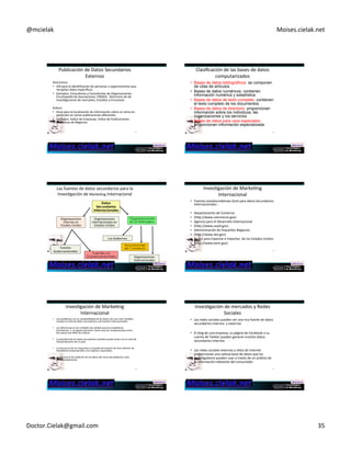 @mcielak) Moises.cielak.net) 
Publicación)de)Datos)Secundarios) 
Externos) 
Directorios)) 
• ÚCl)para)la)idenCficación)de)personas)u)organizaciones)que) 
recopilan)datos)específicos)) 
• Ejemplos:)Consultores)y)Consultorías)de)Organizaciones,) 
Enciclopedia)de)Asociaciones,)FINDEX:))Directorio)de)de) 
invesCgaciones)de)mercados,)Estudios)y)Encuestas)) 
) 
Índices)) 
• Sirve)para)la)localización)de)información)sobre)un)tema)en) 
parCcular)en)varias)publicaciones)diferentes)) 
• Ejemplos:)Índice)de)Empresas,)Índice)de)Publicaciones) 
Periódicas)de)Negocios) 
205) 
Clasificación)de)las)bases)de)datos) 
computarizados)) 
• Bases de datos bibliográficos: se componen 
de citas de artículos 
• Bases de datos numéricos: contienen 
información numérica y estadística 
• Bases de datos de texto completo: contienen 
el texto completo de los documentos 
• Bases de datos de directorio: proporcionan 
información sobre los individuos, las 
organizaciones y los servicios 
• Bases de datos para usos especiales: 
proporcionan información especializada 
206) 
Las)fuentes)de)datos)secundarios)para)la) 
InvesCgación)de)MarkeCng)Internacional) 
Organizaciones 
en el Extranjero 
Los)Gobiernos) 
Asociaciones 
de Comercio 
207) 
Datos 
Secundarios 
Internacionales 
Organizaciones) 
Internas)en)) 
Estados)Unidos) 
Organizaciones) 
Internacionales)en)) 
Estados)Unidos) 
Organizaciones) 
Internacionales) 
Fuentes no 
Gubernamentales 
Fuentes) 
Gubernamentales) 
InvesCgación)de)MarkeCng) 
Internacional) 
• Fuentes)estadounidenses)Govt)para)datos)Secundarios) 
Internacionales):)) 
• Departamento)de)Comercio)) 
• (hyp://www.commerce.gov))) 
• Agencia)para)el)Desarrollo)Internacional)) 
• (hyp://www.usaid.gov))) 
• Administración)de)Pequeños)Negocios)) 
• (hyp://www.sba.gov))) 
• Banco)para)Exportar)e)Importar))de)los)Estados)Unidos)) 
• (hyp://www.exim.gov)) 
208) 
InvesCgación)de)MarkeCng) 
Internacional) 
• Los)problemas)con)la)compaCbilidad)de)los)datos)son)aun)más)notables) 
cuando)se)trata)de)datos)secundarios)y)de)fuentes)internacionales.) 
) 
• Las)diferencias)en)las)unidades)de)medida)para)las)estadísCcas) 
económicas))y))el)ingreso)personal))hacen)que)las)comparaciones)entre)) 
dos)países)sea)diwcil)de)realizar.) 
) 
• La)exacCtud)de)los)datos)secundarios)también)puede)variar)con)el)nivel)de) 
industrialización)de)un)país.) 
) 
• La)estructura)de)los)impuestos)y)el)grado)de)evasión)de)estos)afectan)las) 
estadísCcas)empresariales)y)los)ingresos)reportados.) 
) 
• La)frecuencia)de)medición)de)los)datos)del)censo)de)población)varía) 
considerablemente.) 
209) 
InvesCgación)de)mercados)y)Redes) 
Sociales) 
• Las)redes)sociales)pueden)ser)una)rica)fuente)de)datos) 
secundarios)internos))y)externos) 
)) 
• El)blog)de)}una)empresa,)su)página)de)Facebook)o)su) 
cuenta)de)Twiyer)pueden)generar)muchos)datos) 
secundarios)internos.) 
) 
• Las)redes)sociales)externas)y)siCos)de)internet)) 
proporcionan)una)valiosa)base)de)datos)que)los) 
invesCgadores)pueden)usar)a)través)de)un)análisis)de) 
la)información)relevante)del)consumidor).) 
210) 
Doctor.Cielak@gmail.com) 35) 
 