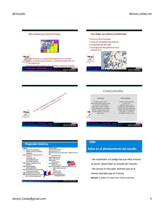 @mcielak) Moises.cielak.net) 
Mercadotecnia)Concentrada) 
! En)lugar)de)atraer)a)un)porcentaje)pequeño)de)un)mercado) 
amplio,)la)empresa)busca)obtener)un)porcentaje)amplio)de)uno) 
o)más)segmentos.) 
! Resulta)esta)Mercadotecnia)muy)atracCva)cuando)son)limitados) 
los)recursos)de)la)empresa.) 
! Un)ejemplo)de)esto)puede)ser)la)Compañía)Red)Cola)) 
Para+elegir+una+cobertura+de+Mercado+ 
! Recursos)de)la)Compañía) 
! Grado)de)variabilidad)del)producto) 
! Variabilidad)del)Mercado) 
! Estrategias)de)Mercadotecnia)de)la) 
competencia) 
Doctor.Cielak@gmail.com) 5) 
 