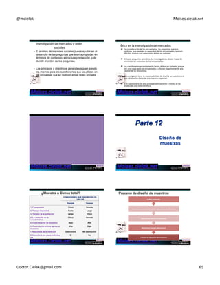 @mcielak) Moises.cielak.net) 
InvesCgación)de)mercados)y)redes) 
sociales) 
• El análisis de las redes sociales puede ayudar en el 
desarrollo de las preguntas que sean apropiadas en 
términos de contenido, estructura y redacción, y de 
decidir el orden de las preguntas. 
• Los principios y directrices generales siguen siendo 
los mismos para los cuestionarios que se utilizan en 
las encuestas que se realizan enlas redes sociales 
ÉCca)en)la)invesCgación)de)mercados) 
" En)consideración)de)los)encuestados,)las)preguntas)que)son) 
confusas,)que)exceden)la)capacidad)de)los)encuestados,)que)son) 
diwciles,)o)estan)mal)redactadas)deben)ser)evitadas.) 
) 
" Al)hacer)preguntas)sensibles,)los)invesCgadores)deben)tratar)de) 
minimizar)las)molesCas)de)los)encuestados.)) 
" Los)cuesConarios)excesivamente)largos)deben)ser)evitados)poque) 
son)una)carga)para)los)encuestados)y)afectan)negaCvamente)a)la) 
calidad)de)las)respuestas.)) 
" El)invesCgador)Cene)la)responsabilidad)de)diseñar)un)cuesConario) 
que)obCene)los)datos)de)una)manera)imparcial.)) 
" Si)el)cuesConario)no)está)probado)previamente)a)fondo,)se)ha) 
producido)una)violación)éCca.) 
Parte 12 
Diseño de 
muestras 
CONDICIONES QUE FAVORECEN EL 
USO DE 
Sample Census 
1. Presupuesto Chico Grande 
2. Tiempo disponible Corto Largo 
3. Tamaño de la población Largo Chico 
4. La variación en la 
Chico Grande 
característica 
5. Costo de error de muestreo Bajo Alto 
6. Costo de los errores ajenos al 
muestreo 
Alto Bajo 
7. Naturaleza de la medición Destructivo No destructivo 
8. Atención a los casos individua 
Si No 
les 
Definir+población) 
Determinar+qué+muestra+cae+en+cada+marco+de+referencia) 
Selección+de+técnica+de+muestreo) 
Determinar+tamaño+de+muestra) 
Proceso+de+ejecución+del+muestreo) 
Doctor.Cielak@gmail.com) 65) 
 