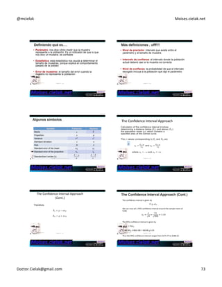 @mcielak) Moises.cielak.net) 
• Parámetro: nos dice cómo medir que la muestra 
represente a la población. Es un indicador de que lo que 
nos dice un muestra, es confiable 
• Estadística: esta estadística nos ayuda a determinar el 
tamaño de muestras, porque explica el comportamiento 
pasado de la poblaci 
• Error de muestreo: el tamaño del error cuando la 
muestra no representa la poblacíon 
Copyright)©)2012)Pearson) Chapter 13 - 433 
EducaCon,)Inc.) 
• Nivel de precisión: intervalo que existe entre el 
parámetro y el tamaño de muestra. 
• Intervalo de confianza: el intervalo donde la población 
actual deberá caer si la muestra es correcta 
• Nivel de confianza: la probabilidad de que el intervalo 
escogido incluya a la población que dijó el parámetro 
Copyright)©)2012)Pearson) Chapter 13 - 434 
EducaCon,)Inc.) 
Variable Población Muestra 
Media μ 
Proportion π p 
Variance 
Standard deviation σ s 
Size N n 
Standard error of the mean 
Standard error of the proportion 
Standardized variate (z) 
Chapter 13 -435 
Copyright)©)2012)Pearson)EducaCon,)Inc.) 
The)Confidence)Interval)Approach) 
z 
.) Chapter 13 - 436 
Copyright)©)2012)Pearson)EducaCon,)Inc.) 
The)Confidence)Interval)Approach) 
(Cont.)) 
)The)confidence)interval)is)given)by) 
)) 
))) 
)We)can)now)set)a)95%)confidence)interval)around)the)sample)mean)of) 
$182.))) 
) 
) 
) 
)The)95%)confidence)interval)is)given)by) 
)) 
) )) 
)=)182.00)+)1.96(3.18))=)182.00)+)6.23) 
)) 
Copyright)©)2012)Pearson) 
EducaCon,)Inc.) Chapter 13 - 437 Chapter 13 - 438 Copyright)©)2012)Pearson) 
EducaCon,)Inc.) 
)Thus)the)95%)confidence)interval)ranges)from)$175.77)to)$188.23.))) 
Doctor.Cielak@gmail.com) 73) 
 
