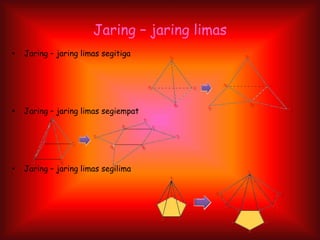 Jaring – jaring limas
• Jaring – jaring limas segitiga
• Jaring – jaring limas segiempat
• Jaring – jaring limas segilima
 