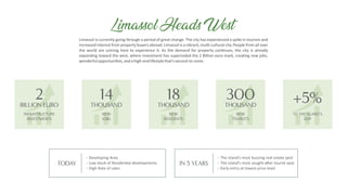 Limassol Heads West
Limassol is currently going through a period of great change. The city has experienced a spike in tourism and
increased interest from property buyers abroad. Limassol is a vibrant, mul -cultural city. People from all over
the world are coming here to experience it. As the demand for property con nues, the city is already
expanding toward the west, where investment has superceded the 2 Billion euro mark, crea ng new jobs,
wonderfulopportuni es,andahigh-endlifestylethat’ssecond-to-none.
INFRASTRUCTURE
INVESTMENTS
2
BILLION EURO
NEW
JOBS
14
THOUSAND
NEW
RESIDENTS
18
THOUSAND
NEW
TOURISTS
300
THOUSAND
TO THE ISLAND’S
GDP
+5%
TODAY IN 5 YEARS
Developing Area
Low stock of Residen al developments
High Rate of sales
The island’s most buzzing real estate spot
The island’s most sought-a er tourist spot
Early entry at lowest price level
 