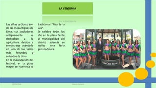 Las viñas de Surco son
de las más antiguas de
Lima, sus pobladores
antiguamente se
dedicaban a la
agricultura, debido a
encontrarse asentada
en uno de los valles
más fecundos y
soleados de Lima.
En la inauguración del
festival, en la plaza
mayor se escenifica la
tradicional "Pisa de la
uva“.
Se celebra todos los
año en la plaza frente
al municipalidad del
distrito además se
realiza una feria
gastronómica.
LA VENDIMIA
Valeria Pacheco13/06/2016
 