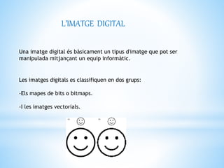 L’IMATGE DIGITAL 
Una imatge digital és bàsicament un tipus d'imatge que pot ser 
manipulada mitjançant un equip informàtic. 
Les imatges digitals es classifiquen en dos grups: 
-Els mapes de bits o bitmaps. 
-I les imatges vectorials. 
 