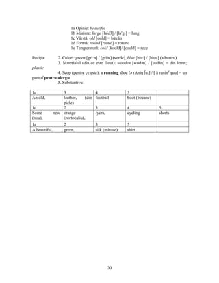 20
1a Opinie: beautiful
1b Mărime: large [lar
d3] / [lar
gi] = lung
1c Vârstă: old [ould] = bătrân
1d Formă: round [raund] = rotund
1e Temperatură: cold [kould]/ [could] = rece
Poziţia: 2. Culori: green [gri:n] / [griin] (verde), blue [blu:] / [bluu] (albastru)
3. Materialul (din ce este făcut): wooden [wudən] / [uudăn] = din lemn;
plastic
4. Scop (pentru ce este): a running shoe [ə rΛniŋ ∫u:] / [ ă raning
şuu] = un
pantof pentru alergat
5. Substantivul
1c 3 4 5
An old, leather, (din
piele)
football boot (bocanc)
1c 2 3 4 5
Some new
(nou),
orange
(portocaliu),
lycra, cycling shorts
1a 2 3 5
A beautiful, green, silk (mătase) shirt
 