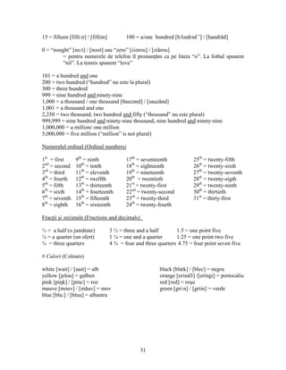 31
15 = fifteen [fifti:n] / [fiftiin] 100 = a/one hundred [hΛndrəd”] / [handrăd]
0 = “nought” [no:t] / [noot] sau “zero” [ziərou] / [ziărou]
= pentru numerele de telefon îl pronunţăm ca pe litera “o”. La fotbal spunem
“nil”. La tennis spunem “love”
101 = a hundred and one
200 = two hundred (“hundred” nu este la plural)
300 = three hundred
999 = nine hundred and ninety-nine
1,000 = a thousand / one thousand [θauzənd] / [sauzănd]
1,001 = a thousand and one
2,250 = two thousand, two hundred and fifty (“thousand” nu este plural)
999,999 = nine hundred and ninety-nine thousand, nine hundred and ninety-nine
1,000,000 = a million/ one million
5,000,000 = five million (“million” is not plural)
Numeralul ordinal (Ordinal numbers)
1st
= first 9th
= ninth 17th
= seventeenth 25th
= twenty-fifth
2nd
= second 10th
= tenth 18th
= eighteenth 26th
= twenty-sixth
3rd
= third 11th
= eleventh 19th
= nineteenth 27th
= twenty-seventh
4th
= fourth 12th
= twelfth 20th
= twentieth 28th
= twenty-eigth
5th
= fifth 13th
= thirteenth 21st
= twenty-first 29th
= twenty-ninth
6th
= sixth 14th
= fourteenth 22nd
= twenty-second 30th
= thirtieth
7th
= seventh 15th
= fifteenth 23rd
= twenty-third 31st
= thirty-first
8th
= eighth 16th
= sixteenth 24th
= twenty-fourth
Fracţii şi zecimale (Fractions and decimals)
½ = a half (o jumătate) 3 ½ = three and a half 1.5 = one point five
¼ = a quarter (un sfert) 1 ¼ = one and a quarter 1.25 = one point two five
¾ = three quarters 4 ¾ = four and three quarters 4.75 = four point seven five
# Culori (Colours)
white [wait] / [uait] = alb black [blæk] / [blec] = negru
yellow [jelou] = galben orange [orind3] /[oringi] = portocaliu
pink [piŋk] / [pinc] = roz red [red] = roşu
mauve [məuv] / [măuv] = mov green [gri:n] / [griin] = verde
blue [blu:] / [bluu] = albastru
 