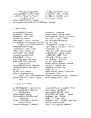 35
= bibliotecă, dulap pt cărţi carpet [ka:r
pit] / [car
pit] = covor
cupboard [kΛbəd] / [cabăd] = buffet to share [∫eər
] [ şeăr
] = a împărţi
wardrobe [wor
droub] / [uor
droub] hostel [hostəl / [hostăl] = cămin
= garderob, şifonier home [houm] = (a)casă
college [kolid3] / [coligi] = colegiu
accommodations[əkomədei∫ən]/ [ăcomădeişăn] = locuinţă
# Locuri (Places)
greengrocer [gri:n grousər
] / greengrocer’s = la aprozar
[griingrousăr
] = zarzavagiu market [mar
kit] / [mar
chit] = piaţă
bank [bæŋk] / [benc] = bancă chemist [kemist] / [chemist] = farmacist
chemist’s = la farmacie baker [beikər
] / [beicăr
] = brutar
butcher [but∫ər
] / [baceăr
] = măcelar post office [poust ofis]= poştă
newsagent [nju:z eid3ənt] / [niuuz eigeănt] city [siti] = oraş
= agent de presă, vânzător de ziare country [kΛntri] / [cantri] = (la) ţară
field [fi:ld]/ [fiild] = câmpie capital [kæpitəl] / [cheapităl] = capitala
centre [sentər
] / [sentăr
] = centru town [taun] = oraş
village [vilid3] / [viligi] = sat villa [vilə]/ [vilă] = casă de vacanţă
land [lænd] / [lend] = pământ earth [ər
θ] / [ăr
s] = planeta pământ
mountain [mauntin]= munte world [wər
ld] / [uăr
ld] = lume
to find [faind] = a găsi to leave [li:v]/ [liiv] = a pleca
road [roud] = drum, cale, şosea way [wei] /[uei] = drum, cale
direction [direk∫ən] / [direcşăn] far [fa:r
] / [faar
] = departe
= direcţie, sens distance [distəns] / [distăns] = distanţă
journey [d3ər
ni] / [giăr
ni] = călătorie over [ouvər
] / [ouvăr
] = peste
straight on [ streit] = drept înainte through [θru:]/ [sruu] = prin
on = pe at [æt] / [et] = la
by [bai] = pe la, de către station [stei∫ən] / [steişăn] = staţie, gară
block of flats [blok of flæt] / hotel [houtel] = hotel
[bloc of flet] = bloc de apartamente restaurant [restərəŋ] / [restărăn] = restaurant
police station[pəli:s]/ [păliis] = secţie de theatre [θiətər
] / [siătăr
] = teatru
poliţie
# Ocupaţii, meserii (Jobs)
job [d3ob] / [giob] = ocupaţie, meserie company [kΛmpəni] / [campăni] = firmă
typewriter [taipraitər
] / [taipraităr
] typist [taipist] = dactilograf
maşină de scris doctor [doctər
] / [doctăr
] = doctor
dentist [dentist] = dentist electric [ilektrik] / [ilectric]= = electric
electrician [ilektri∫ən] / [ilectrişăn] cook [kuk] / [cuc] = bucătar
= electrician cooker [~ər
] / [~ăr
] = cuptor
teacher [ti:t∫ər
] / [tiiciăr
] = învăţător, professor [prəfesər
] / [prăfesăr
] = prof univ
profesor de liceu vet [vet] = medic veterinar
journalist [d3ər
nəlist] / [giăr
nălist] judge [d3Λd3] / [geagi] = judecător
 