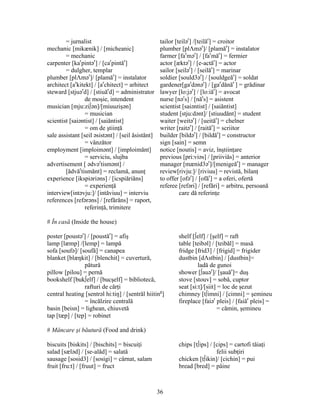 36
= jurnalist tailor [teilər
] /[teilăr
] = croitor
mechanic [mikænik] / [micheanic] plumber [plΛmər
]/ [plamăr
] = instalator
= mechanic farmer [far
mər
] / [far
măr
] = fermier
carpenter [kar
pintər
] / [car
pintăr
] actor [æktər
] / [e-actăr
] = actor
= dulgher, templar sailor [seilər
] / [seilăr
] = marinar
plumber [plΛmər
]/ [plamăr
] = instalator soldier [sould3ər
] / [souldgeăr
] = soldat
architect [ar
kitekt] / [ar
chitect] = arhitect gardener[gar
dənər
] / [gar
dănăr
] = grădinar
steward [stjuər
d] / [stiuăr
d] = administrator lawyer [lo:jər
] / [lo:iăr
] = avocat
de moşie, intendent nurse [nər
s] / [năr
s] = asistent
musician [mju:zi∫ən]/[miuuzişən] scientist [saiəntist] / [saiăntist]
= musician student [stju:dənt]/ [stiuudănt] = student
scientist [saiəntist] / [saiăntist] waiter [weitər
] / [ueităr
] = chelner
= om de ştiinţă writer [raitər
] / [raităr
] = scriitor
sale assistant [seil əsistənt] / [seil ăsistănt] builder [bildər
] / [bildăr
] = constructor
= vânzător sign [sain] = semn
employment [imploimənt] / [imploimănt] notice [noutis] = aviz, înştiinţare
= serviciu, slujba previous [pri:viəs] / [priiviăs] = anterior
advertisement [ ədvər
tismənt] / manager [mænid3ər
]/[menigeăr
] = manager
[ădvăr
tismănt] = reclamă, anunţ review[rivju:]/ [riviuu] = revistă, bilanţ
experience [ikspiəriəns] / [icspiăriăns] to offer [ofər
] / [ofăr
] = a oferi, ofertă
= experienţă referee [refəri] / [refări] = arbitru, persoană
interview[intəvju:]/ [intăviuu] = interviu care dă referinţe
references [refərəns] / [refărăns] = raport,
referinţă, trimitere
# În casă (Inside the house)
poster [poustər
] / [poustăr
] = afiş shelf [∫elf] / [şelf] = raft
lamp [læmp] /[lemp] = lampă table [teibəl] / [teibăl] = masă
sofa [soufə]/ [soufă] = canapea fridge [frid3] / [frigid] = frigider
blanket [blæŋkit] / [blenchit] = cuvertură, dustbin [dΛstbin] / [dustbin]=
pătură ladă de gunoi
pillow [pilou] = pernă shower [∫auər
]/ [şauăr
]= duş
bookshelf [buk∫elf] / [bucşelf] = bibliotecă, stove [stouv] = sobă, cuptor
rafturi de cărţi seat [si:t]/[siit] = loc de şezut
central heating [sentrəl hi:tiŋ] / [sentrăl hiiting
] chimney [t∫imni] / [cimni] = şemineu
= încălzire centrală fireplace [faiər
pleis] / [faiăr
pleis] =
basin [beisn] = lighean, chiuvetă = cămin, şemineu
tap [tæp] / [tep] = robinet
# Mâncare şi băutură (Food and drink)
biscuits [biskits] / [bischits] = biscuiţi chips [t∫ips] / [cips] = cartofi tăiaţi
salad [sæləd] / [se-alăd] = salată felii subţiri
sausage [sosid3] / [sosigi] = cârnat, salam chicken [t∫ikin]/ [cichin] = pui
fruit [fru:t] / [fruut] = fruct bread [bred] = pâine
 