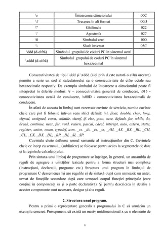 r                         Întoarcerea căruciorului                     00C
          f                           Trecerea în alt format                     00D
          "                                    Ghilimele                         022
           '                                   Apostrofa                         027
          0                               Simbolul zero                          000
                                         Slash inversat                         05C
    ddd (d-cifră)      Simbolul grupului de coduri PC în sistemul octal
                           Simbolul grupului de coduri PC în sistemul
    xddd (d-cifră)
                                         hexazecimal


        Consecutivitatea de tipul ddd şi xddd (aici prin d este notată o cifră orecare)
permite a scrie un cod al calculatorului ca o consecutivitate de cifre octale sau
hexazecimale respectiv. De exemplu simbolul de întoarcere a căruciorului poate fi
interpretat în diferite moduri: r – consecutivitatea generală de conducere, 015 -
consecutivitatea octală de conducere, x00D - consecutivitatea hexazecimală de
conducere.
        În afară de aceasta în limbaj sunt rezervate cuvinte de serviciu, numite cuvinte
cheie care pot fi folosite într-un sens strict definit: int, float, double, char, long,
signed, unsigned, const, volatile, sizeof, if, else, goto, case, default, for, while, do,
break, continue, near, far, void, return, pascal, cdecl, intrrupt, auto, extern, static,
register, union, enum, typedef, asm, _cs. _ds, _es, _ss, _AH, _AX, _BX, _BL, _CH,
_CL, _CX, _DX, _DL, _BP, _DI, _SI, _SP.
        Cuvintele cheie definesc sensul semantic al instrucţiunilor din C. Cuvintele
cheie ce încep cu semnul _ (subliniere) se folosesc pentru acces la segmentele de date
şi la registrele calculatorului.
        Prin sintaxa unui limbaj de programare se înţelege, în general, un ansamblu de
reguli de agregare a unităţilor lexicale pentru a forma structuri mai complexe
(instrucţiuni, declaraţii, programe etc.) Structura unui program în limbajul de
programare C deasemenea îşi are regulile ei de sintaxă după cum urmează: un antet,
urmat de funcţiile secundare după care urmează corpul funcţiei principale (care
conţine în componenţa sa şi o parte declarativă). Şi pentru descrierea în detaliu a
acestor componente sunt necesare, desigur şi alte reguli.

                          2. Structura unui program.
     Pentru a primi o reprezentare generală a programului în C să urmărim un
exemplu concret. Presupunem, că există un masiv unidimensional x cu n elemente de


                                            8
 