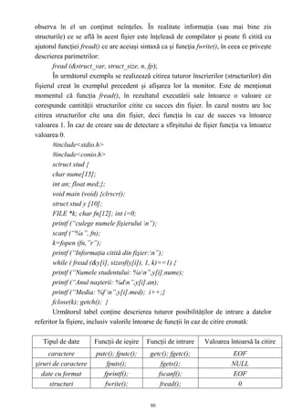 observa în el un conţinut neînţeles. În realitate informaţia (sau mai bine zis
structurile) ce se află în acest fişier este înţeleasă de compilator şi poate fi citită cu
ajutorul funcţiei fread() ce are aceiaşi sintaxă ca şi funcţia fwrite(), în ceea ce priveşte
descrierea parimetrilor:
       fread (&struct_var, struct_size, n, fp);
       În următorul exemplu se realizează citirea tuturor înscrierilor (structurilor) din
fişierul creat în exemplul precedent şi afişarea lor la monitor. Este de menţionat
momentul că funcţia fread(), în rezultatul executării sale întoarce o valoare ce
corespunde cantităţii structurilor citite cu succes din fişier. În cazul nostru are loc
citirea structurilor cîte una din fişier, deci funcţia în caz de succes va întoarce
valoarea 1. În caz de creare sau de detectare a sfîrşitului de fişier funcţia va întoarce
valoarea 0.
       #include<stdio.h>
       #include<conio.h>
       sctruct stud {
       char nume[15];
       int an; float med;};
       void main (void) {clrscr();
       struct stud y [10];
       FILE *k; char fn[12]; int i=0;
       printf (“culege numele fişierului n”);
       scanf (“%s”, fn);
       k=fopen (fn,”r”);
       printf (“Informaţia citită din fişier:n”);
       while ( fread (&y[i], sizeof(y[i]), 1, k)==1) {
       printf (“Numele studentului: %sn”,y[i].nume);
       printf (“Anul naşterii: %dn”,y[i].an);
       printf (“Media: %f n”,y[i].med); i++;}
       fclose(k); getch(); }
       Următorul tabel conţine descrierea tuturor posibilităţilor de intrare a datelor
referitor la fişiere, inclusiv valorile întoarse de funcţii în caz de citire eronată:

   Tipul de date       Funcţii de ieşire   Funcţii de intrare     Valoarea întoarsă la citire
     caractere         putc(); fputc();     getc(); fgetc();                EOF
şiruri de caractere        fputs();             fgets();                    NULL
  date cu format          fprintf();           fscanf();                    EOF
     structuri            fwrite();             fread();                     0


                                             80
 