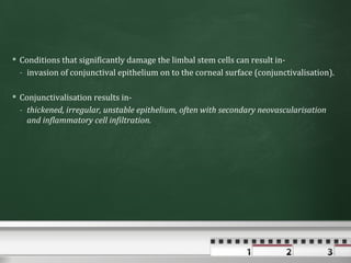  Conditions that significantly damage the limbal stem cells can result in-
  - invasion of conjunctival epithelium on to the corneal surface (conjunctivalisation).

 Conjunctivalisation results in-
  - thickened, irregular, unstable epithelium, often with secondary neovascularisation
    and inflammatory cell infiltration.
 