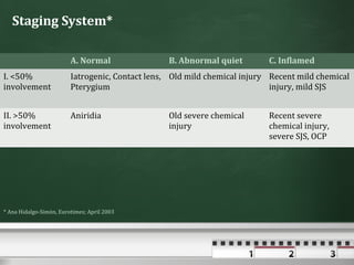 Staging System*

                         A. Normal                B. Abnormal quiet        C. Inflamed
I. <50%                  Iatrogenic, Contact lens, Old mild chemical injury Recent mild chemical
involvement              Pterygium                                          injury, mild SJS


II. >50%                 Aniridia                 Old severe chemical      Recent severe
involvement                                       injury                   chemical injury,
                                                                           severe SJS, OCP




* Ana Hidalgo-Simón, Eurotimes; April 2003
 