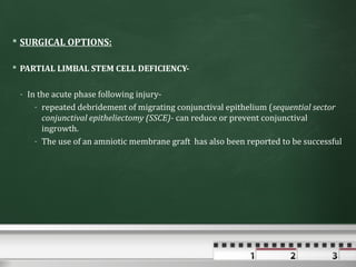  SURGICAL OPTIONS:

 PARTIAL LIMBAL STEM CELL DEFICIENCY-

 - In the acute phase following injury-
     - repeated debridement of migrating conjunctival epithelium (sequential sector
       conjunctival epitheliectomy (SSCE)- can reduce or prevent conjunctival
       ingrowth.
     - The use of an amniotic membrane graft has also been reported to be successful
 