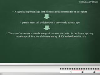 SURGICAL OPTIONS



      A significant percentage of the limbus is transferred for an autograft



             partial stem cell deficiency in a previously normal eye



 The use of an amniotic membrane graft to cover the defect in the donor eye may
        promote proliferation of the remaining LESCs and reduce this risk.
 