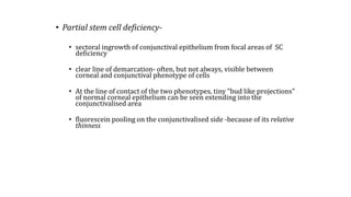 • Partial stem cell deficiency-
• sectoral ingrowth of conjunctival epithelium from focal areas of SC
deficiency
• clear line of demarcation- often, but not always, visible between
corneal and conjunctival phenotype of cells
• At the line of contact of the two phenotypes, tiny "bud like projections"
of normal corneal epithelium can be seen extending into the
conjunctivalised area
• fluorescein pooling on the conjunctivalised side -because of its relative
thinness
 