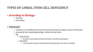 TYPES OF LIMBAL STEM CELL DEFICIENCY
• According to Etiology:
• Primary
• Secondary
• PRIMARY-
• related to an insufficient stromal microenvironment to support stem cell function
• presumed site of pathophysiology -limbal stromal niche
• Eg.-
• CONGENITAL:
• aniridia, dominantly inherited keratitis, Ectodermal dysplasia
• ACQUIRED:
• neurotrophic (neural and ischaemic) keratopathy and chronic limbitis
 