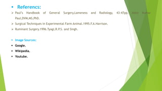  Referencs:
 Paul’s Handbook of General Surgery,Lameness and Radiology, 43-47pp, Ashit Kumar
Paul,DVM,MS,PhD.
 Surgical Techniques in Experimental Farm Animal.1995.F.A.Harrison.
 Ruminant Surgery.1996.Tyagi,R.P.S. and Singh.
 Image Sources:
 Google.
 Wikipedia.
 Youtube.
 