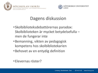 Dagens diskussion
• Skolbiblioteksdebattörernas paradox:
Skolbiblioteken är mycket betydelsefulla –
men de fungerar inte
• Bemanning, vikten av pedagogisk
kompetens hos skolbibliotekarien
• Behovet av en entydig definition
• Elevernas röster?
Limberg, Skolbibliotek, Oslo

2014-01-20

www.lincs.gu.se

 