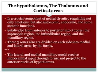 The hypothalamus, The Thalamus and
Cortical areas
 Is a crucial component of neural circuitry regulating not
only emotions, but also autonomic, endocrine, and some
somatic functions.
 Subdivided from anterior to posterior into 3 zones: the
supraoptic region, the infundibular region, and the
mamillary region.
 These 3 zones also are divided on each side into medial
and lateral areas by the fornix.
***
 The lateral and medial mamillary nuclei receive
hippocampal input through fornix and project to the
anterior nuclei of hypothlamus.
 
