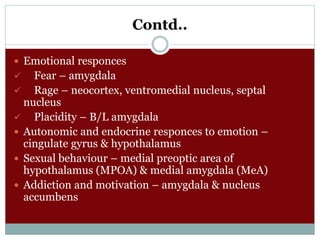 Contd..
 Emotional responces
 Fear – amygdala
 Rage – neocortex, ventromedial nucleus, septal
nucleus
 Placidity – B/L amygdala
 Autonomic and endocrine responces to emotion –
cingulate gyrus & hypothalamus
 Sexual behaviour – medial preoptic area of
hypothalamus (MPOA) & medial amygdala (MeA)
 Addiction and motivation – amygdala & nucleus
accumbens
 