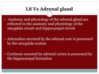 LS Vs Adrenal gland
 Anatomy and physiology of the adrenal gland are
reflected in the anatomy and physiology of the
amygdala circuit and hippocampal circuit
 Adrenaline secreted by the adrenal core is processed
by the amygdala system
 Cortisone secreted by adrenal cortex is processed by
the hippocampal formation
 