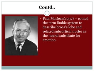 Contd..
 Paul Maclean(1952) -- coined
the term limbic system to
describe broca’s lobe and
related subcortical nuclei as
the neural substitute for
emotion.
 
