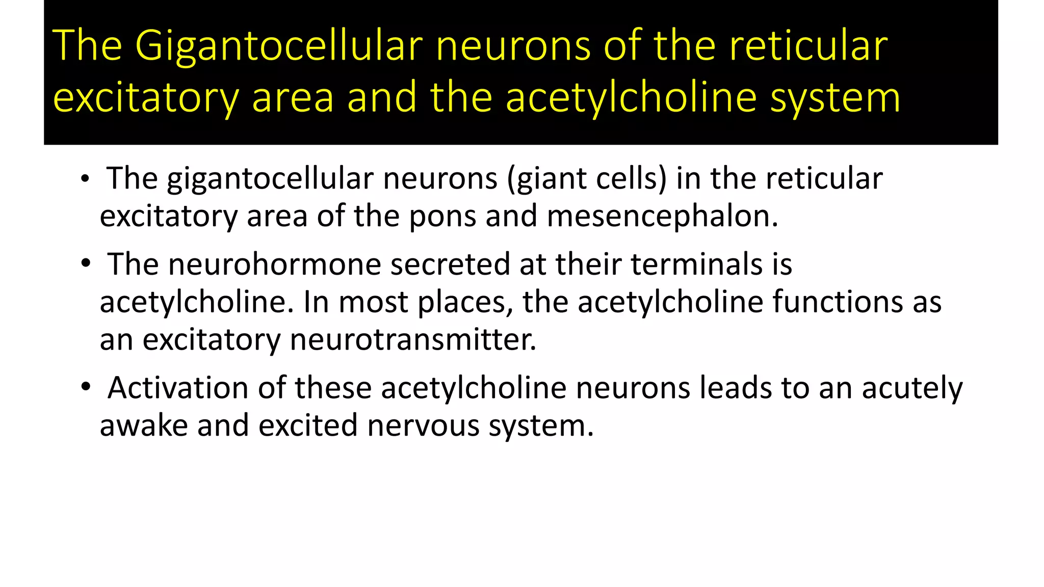 The Gigantocellular neurons of the reticular
excitatory area and the acetylcholine system
• The gigantocellular neurons (giant cells) in the reticular
excitatory area of the pons and mesencephalon.
• The neurohormone secreted at their terminals is
acetylcholine. In most places, the acetylcholine functions as
an excitatory neurotransmitter.
• Activation of these acetylcholine neurons leads to an acutely
awake and excited nervous system.
 
