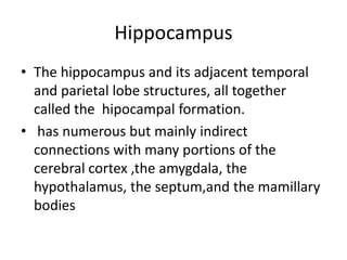 Hippocampus
• The hippocampus and its adjacent temporal
  and parietal lobe structures, all together
  called the hipocampal formation.
• has numerous but mainly indirect
  connections with many portions of the
  cerebral cortex ,the amygdala, the
  hypothalamus, the septum,and the mamillary
  bodies
 