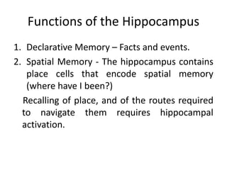 Functions of the Hippocampus
1. Declarative Memory – Facts and events.
2. Spatial Memory - The hippocampus contains
place cells that encode spatial memory
(where have I been?)
Recalling of place, and of the routes required
to navigate them requires hippocampal
activation.
 