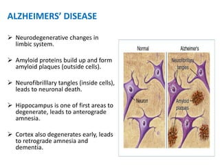 ALZHEIMERS’ DISEASE
 Neurodegenerative changes in
limbic system.
 Amyloid proteins build up and form
amyloid plaques (outside cells).
 Neurofibrilllary tangles (inside cells),
leads to neuronal death.
 Hippocampus is one of first areas to
degenerate, leads to anterograde
amnesia.
 Cortex also degenerates early, leads
to retrograde amnesia and
dementia.
 