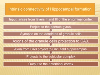 Intrinsic connectivity of Hippocampal formation
Output to the entorhinal cortex
Projects to the subicular complex
Axon from CA3 project to CA1 field hippocampus.
Axons of the granule cells projection to CA3.
Synapse on the dendrites of granule cells
Project to the dentate gyrus,
Input arises from layers II and III of the entorhinal cortex
 